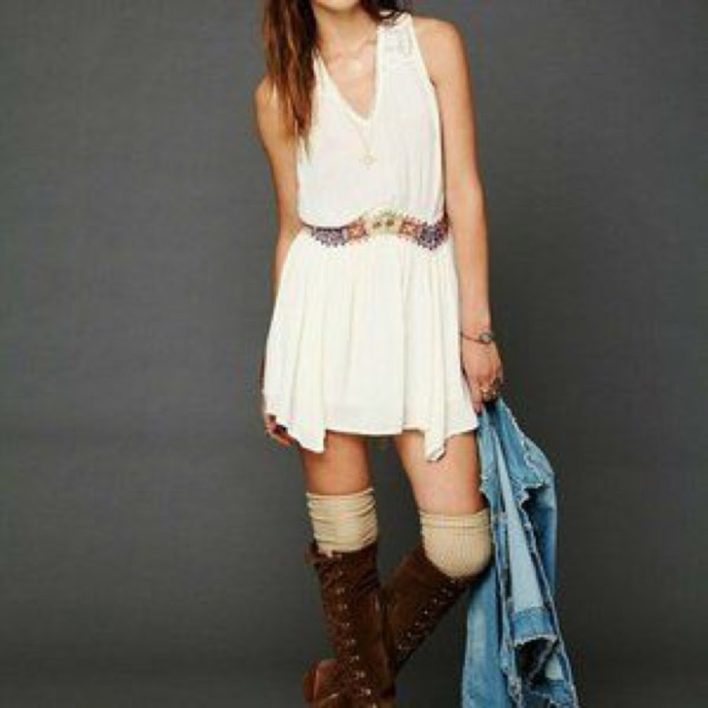 Free People Natural Ethnic Embroidered Waist Mini Dress Tunic